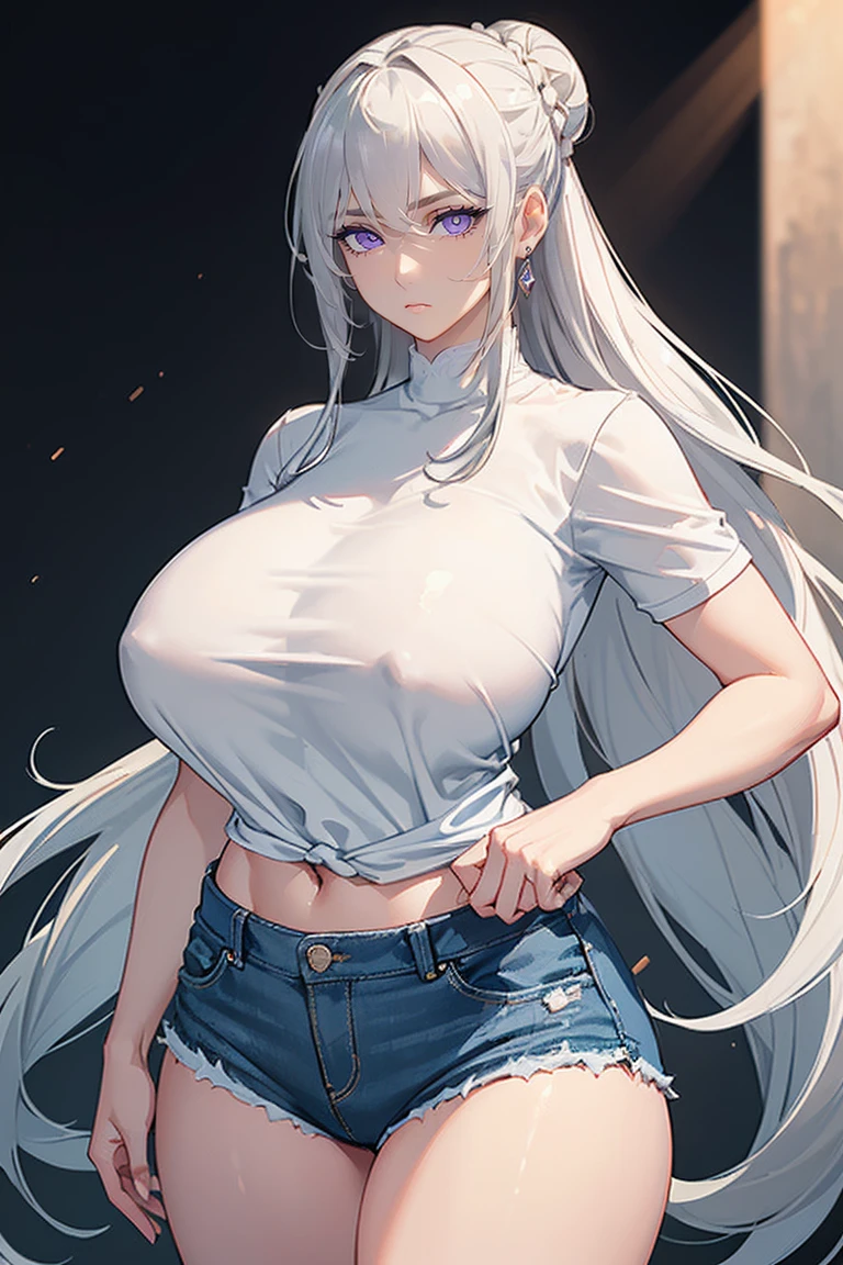 (Uhd, Masterpiece, Textured Skin, Super Detail, High Details, High Quality, Best Quality), Detailed Face, 1woman, mature pretty woman, (Huge Body:1.5), (Silver hair tied in a bun, long hair), (Short white top shirt, Denim shorts), standing, six pack, (Dynamic lighting:1.5, very high quality)