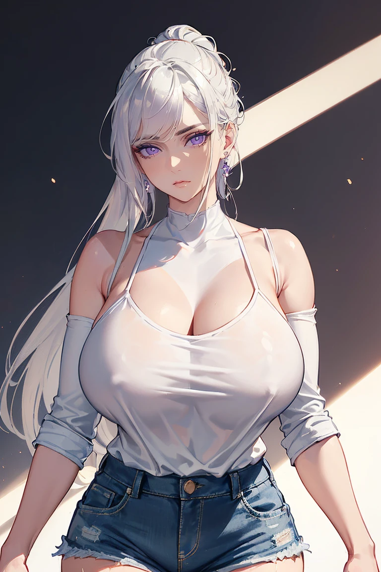 (Uhd, Masterpiece, Textured Skin, Super Detail, High Details, High Quality, Best Quality), Detailed Face, 1woman, mature pretty woman, (Huge Body:1.5), (Silver hair tied in a bun, long hair), (Short white top shirt, Denim shorts), standing, six pack, (Dynamic lighting:1.5, very high quality)
