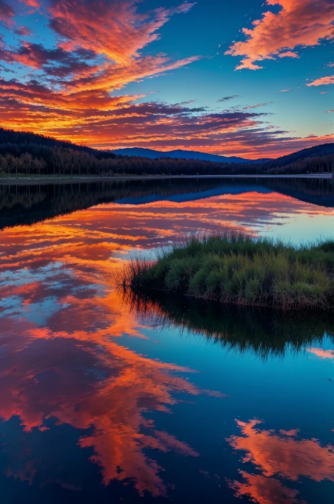 the color reflection on the lake, the surreal sky, the red and blue reflection, the fire reflection, the beautiful sky