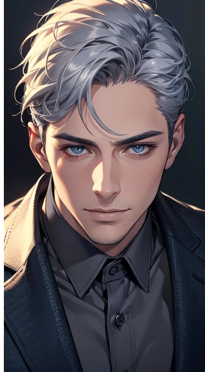 (best quality,4k,8k,highres,masterpiece:1.2),ultra-detailed,(realistic,photorealistic,photo-realistic:1.37),1 man,31 years old,mature man,very handsome,without expression,smile,short grey blue hair,blue eyes,penetrating gaze,perfect face without errors,imposing posture,businessman,office background,cinematic lighting,hdr image