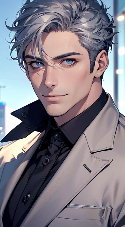 (best quality,4k,8k,highres,masterpiece:1.2),ultra-detailed,(realistic,photorealistic,photo-realistic:1.37),1 man,31 years old,mature man,very handsome,without expression,smile,short grey blue hair,blue eyes,penetrating gaze,perfect face without errors,imposing posture,businessman,office background,cinematic lighting,hdr image