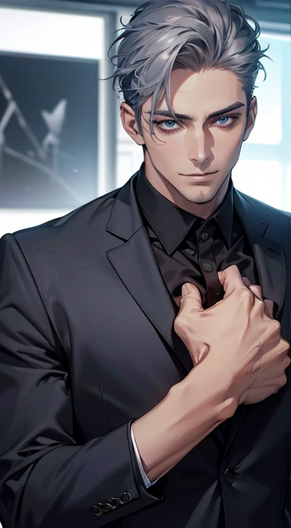 (best quality,4k,8k,highres,masterpiece:1.2),ultra-detailed,(realistic,photorealistic,photo-realistic:1.37),1 man,31 years old,mature man,very handsome,without expression,smile,short grey blue hair,blue eyes,penetrating gaze,perfect face without errors,imposing posture,businessman,office background,cinematic lighting,hdr image