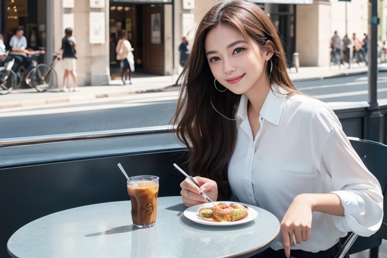 high resolution,high quality,Perfect body,Perfect face,In the city,bustling street,Wide street,Terrace seats,Wide streetに面したTerrace seats,One Girl,Chestnut Hair,Medium Hair,Dark Eyes,Light Rouge,Sitting in a seat,Silver Table,Iced coffee on the table,White blouse,Collar is blue,looking at the camera,smile