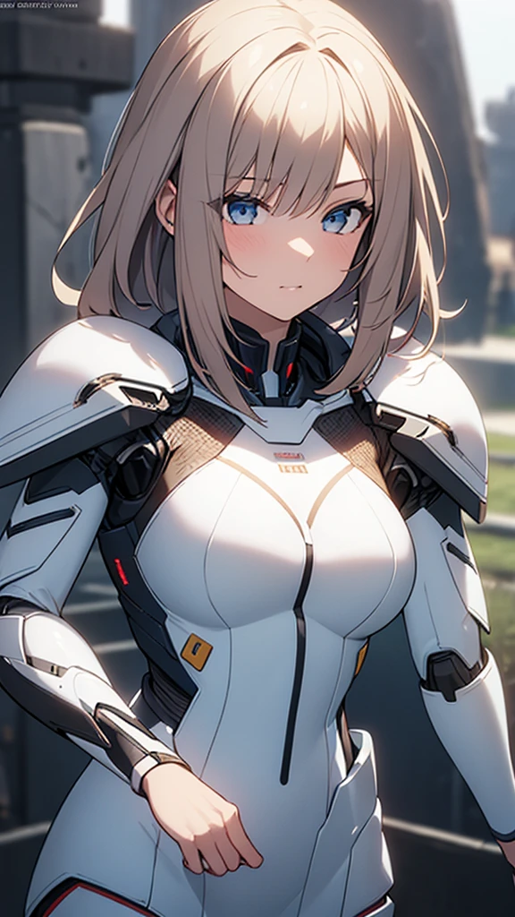 masterpiece, Highest quality, Ultra-realistic, Ultra-detailed, 8K resolution, RAW Photos, Sharp focus, (One girl), alone, Gorgeous face, Perfect body, Mature Woman, Age 25, Portraiture, Mecha, White Armor, Nanosuit, sexy, Messy Hair, Cinematic, Cinematic light, Dark Theme