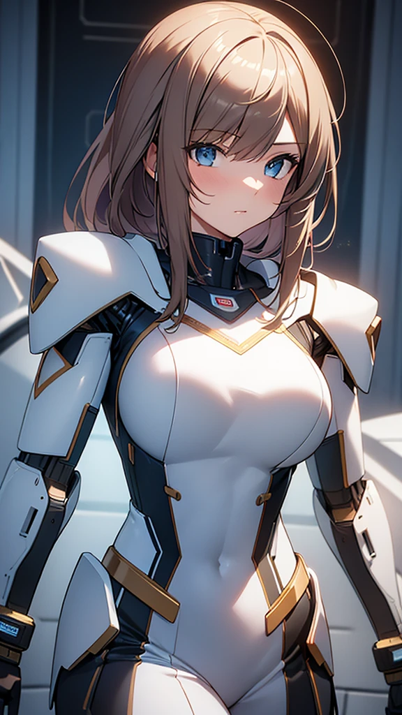 masterpiece, Highest quality, Ultra-realistic, Ultra-detailed, 8K resolution, RAW Photos, Sharp focus, (One girl), alone, Gorgeous face, Perfect body, Mature Woman, Age 25,  Portraiture, Mecha, White Armor, Nanosuit, sexy, Messy Hair, Cinematic, Cinematic light, Dark Theme