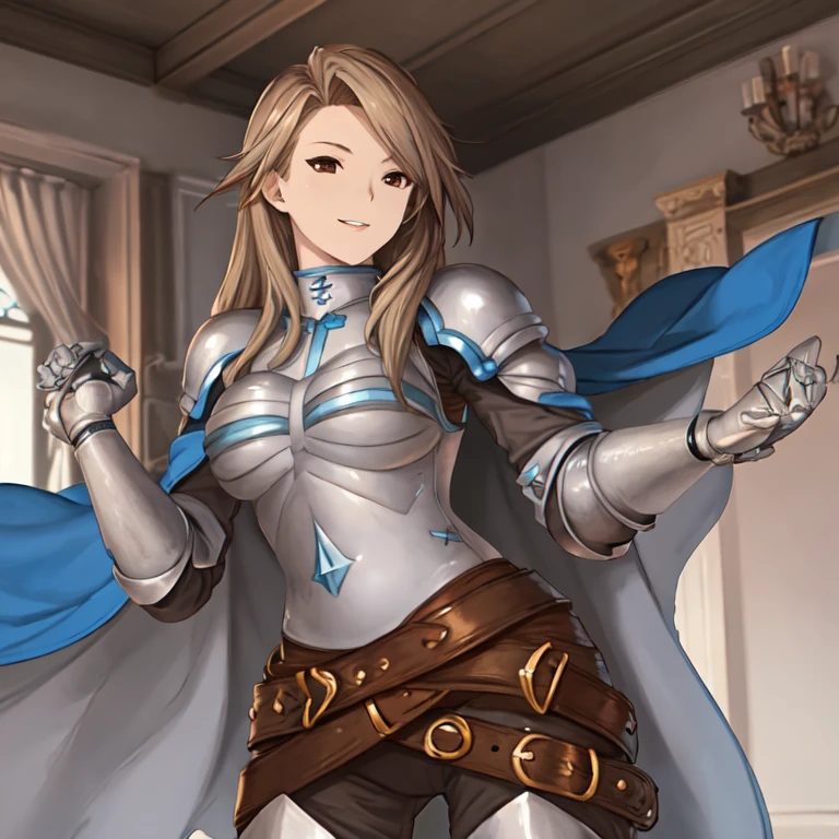 katalina (granblue fantasy), solo, 1girl, armor, gauntlets, belt, breastplate, shoulder armor, cape, pauldrons, pants, room, smile, standing, best quality, masterpiece 