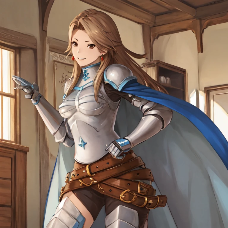 katalina (granblue fantasy), solo, 1girl, armor, gauntlets, belt, breastplate, shoulder armor, cape, pauldrons, pants, room, smile, standing, best quality, masterpiece 