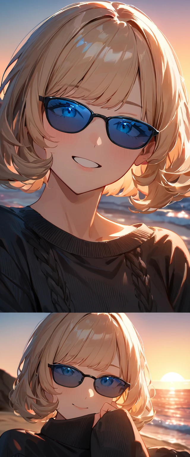 (((One girl))), (((portrait, face))), ((outward curled hair)), from side:1.3, sea, beach, Sunset, evening, ((Sitting on a cliff)), head tilt:1.3, ((aran sweater)), wavy hair, blond hair, ((sunglasses, hand to sunglasses)), (bob cut:1.3)), breasts, standard body, (looking at viewer), oversized clothes, puffy long sleeves, collarbone, ((off-shoulder sweater dress:1.3, Quite thick shoulder straps)), (((sleeves past wrists:1.3))), ((black sweater)), teenager, head tilt:1.3, (((blue eye))), ((happy smile)), (((anime style))), (best quality, 4K, 8K, highres, masterpiece:1.2, ultra-detailed, ultra-detailed eyes, HDR, uhd, studio lighting, ultra-fine painting, sharp focus, physically-based rendering, extreme detail description, professional, vivid colors, bokeh), ((Highest quality, Best image quality, Ultra-high resolution, Ultra-high resolution, solo, Strong eye highlights)), Depth of written boundary, Natural soft light, attractive, Beautiful Face, Cleanliness, Pure Face, Nedium chest, Beautiful Face, Perfect Fingers, Perfect hands, Perfect body, Perfect Face, Shine a light into your eyes, Perfect Anatomy