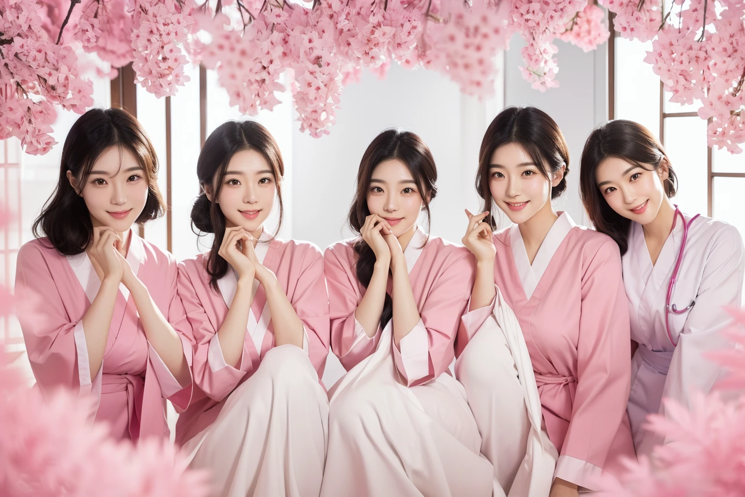 fullbody shot, 5girls, , smiling, beautiful Japanese female nurse wearing pink nurse uniform , beautiful detailed face, Japanese woman, black hair, pale skin, realistic skin, detailed cloth texture, detailed hair texture, Perfect proportion, Beautiful Face, accurate, Anatomically correct, Highly detailed face and skin texture , looking at viewer , modern hospital building