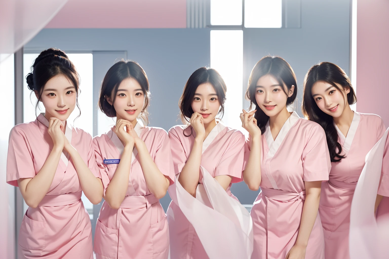 fullbody shot, 5girls, , smiling, beautiful Japanese female nurse wearing pink nurse uniform , beautiful detailed face, Japanese woman, black hair, pale skin, realistic skin, detailed cloth texture, detailed hair texture, Perfect proportion, Beautiful Face, accurate, Anatomically correct, Highly detailed face and skin texture , looking at viewer , modern hospital building