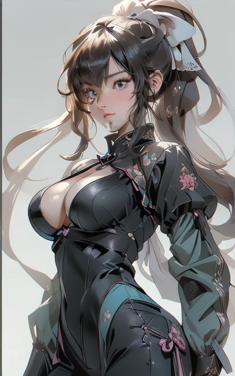 (((Full and soft breasts,)))(((Huge breasts)))((((Cleavage)))))) (Perfect curvy figure)(masterpiece,best quality,Extremely detailed,high resolution,illustration:1.2),Extremely detailed的壁纸,Official Art, Astonishing,High Detail,Extremely detailed,Extremely detailed 8k wallpaper,(role conception),(Simple background, White background: 1.3),(1 Girl),(Solitary),(Young Girls:1.2),(Tights),Perfect anatomical structure,Pretty Face,Ponytail hairstyle,Large Breasts,Cowboy shooting,permanent,Looking at the audience