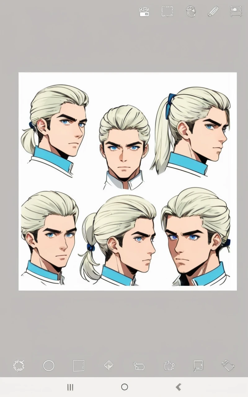 Design a handsome blonde ponytail hair man with blue eyes (face poses)