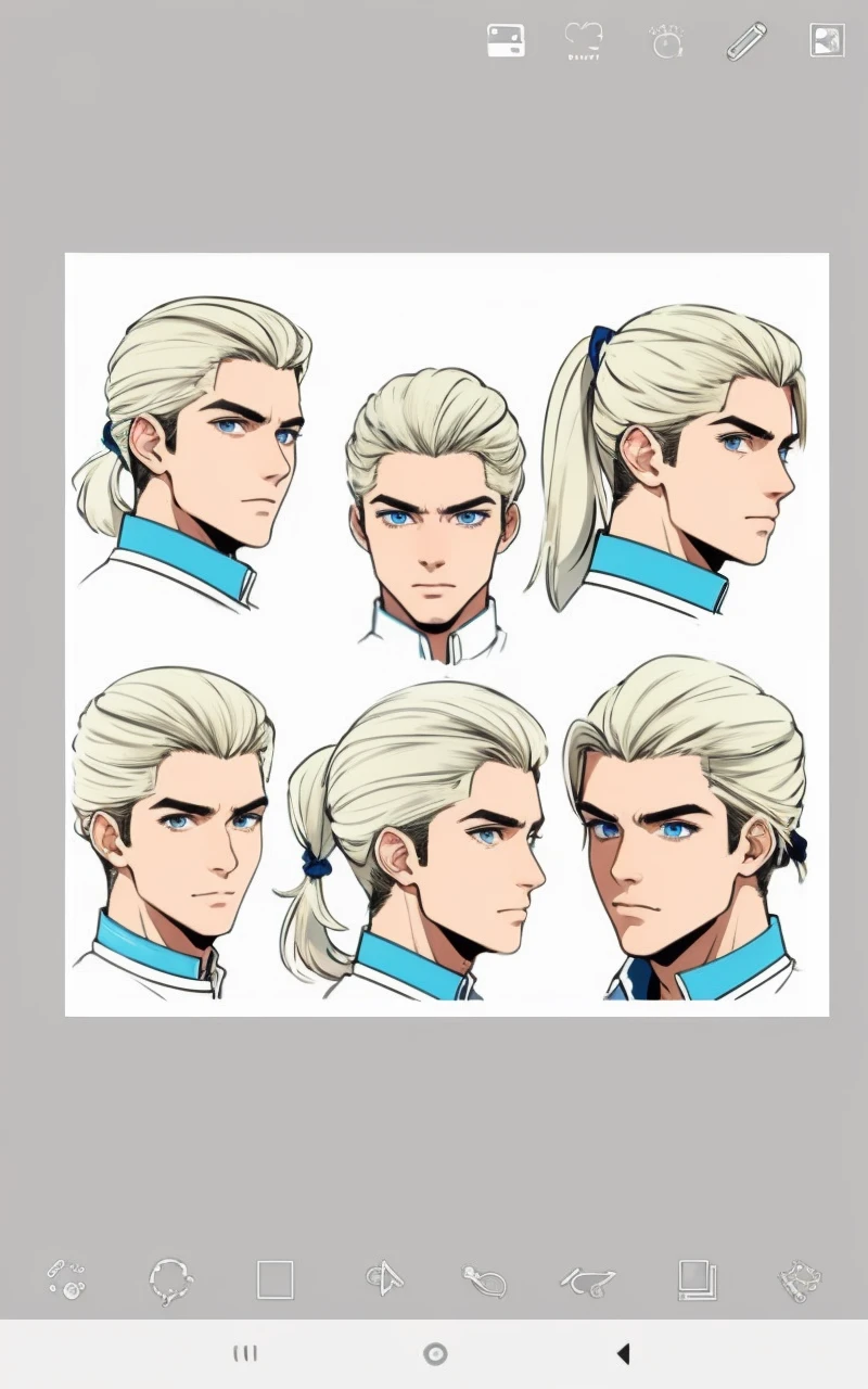 Design a handsome blonde ponytail hair man with blue eyes (face poses)