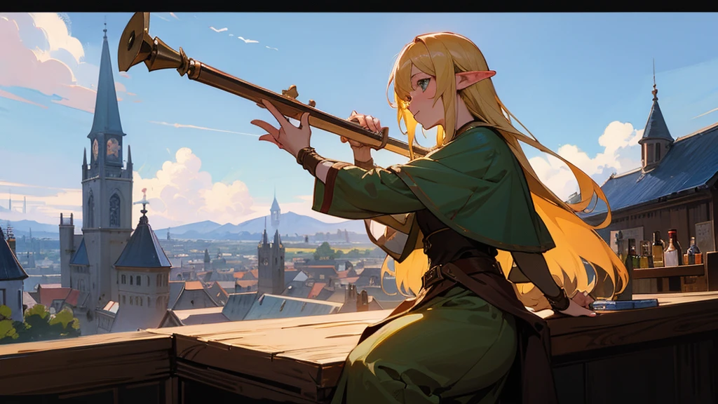 Anime Style,Nostalgic,Detailed background,The medieval world,A lively bar with lots of people,Beautiful sky,Beautiful Elf with a Bard&#39;s Smile,guitar,Large Breasts,Healthy thighs