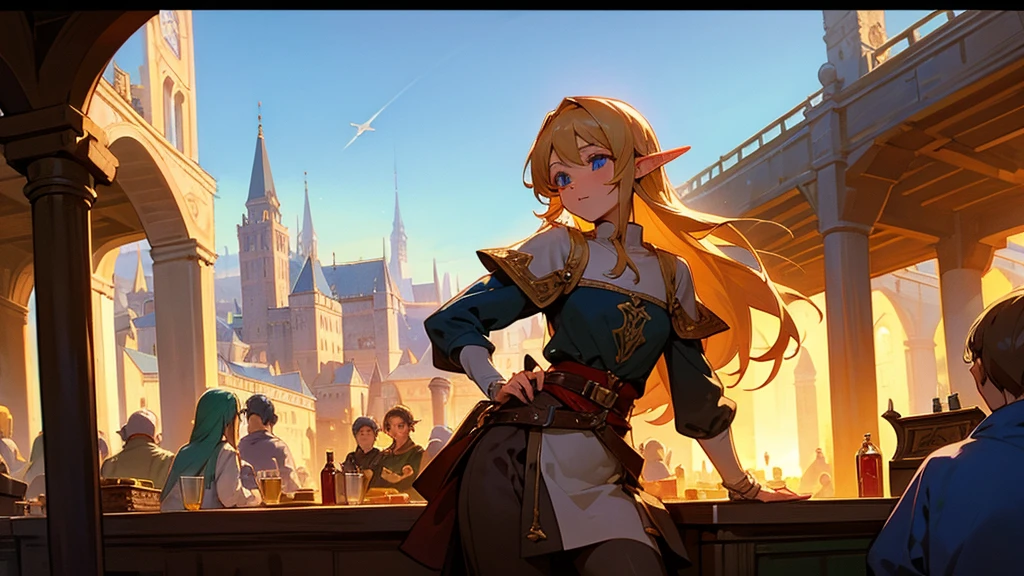 Anime Style,Nostalgic,Detailed background,The medieval world,A lively bar with lots of people,Beautiful sky,Beautiful Elf with a Bard's Smile,guitar,Large Breasts,Healthy thighs