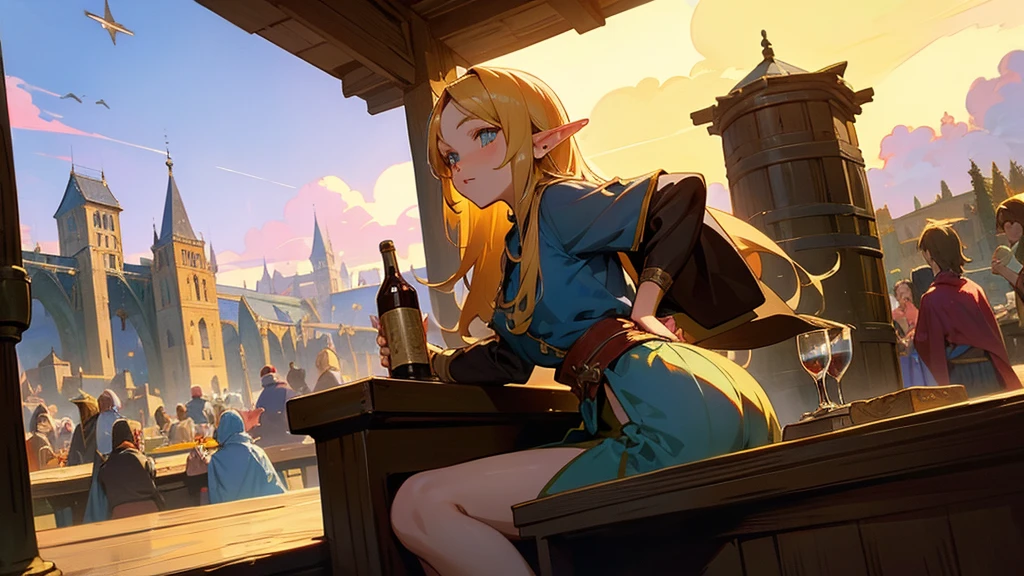 Anime Style,Nostalgic,Detailed background,The medieval world,A lively bar with lots of people,Beautiful sky,Beautiful Elf with a Bard's Smile,guitar,Large Breasts,Healthy thighs