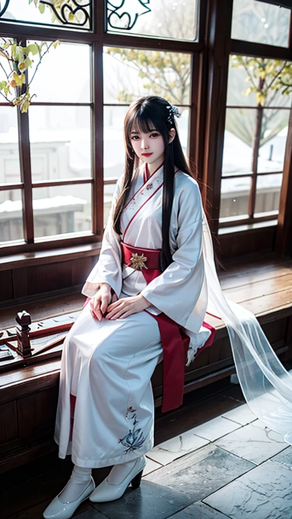 ((高quality,quality,quality,The ultimate detail masterpiece, eye for detail)),20 year old oriental beauty,White long hair shawl,Moving eyes,Wearer white long sleeves,Ice and Snow Garden,in the pavilion,A seated person plays the ice crystal guzheng