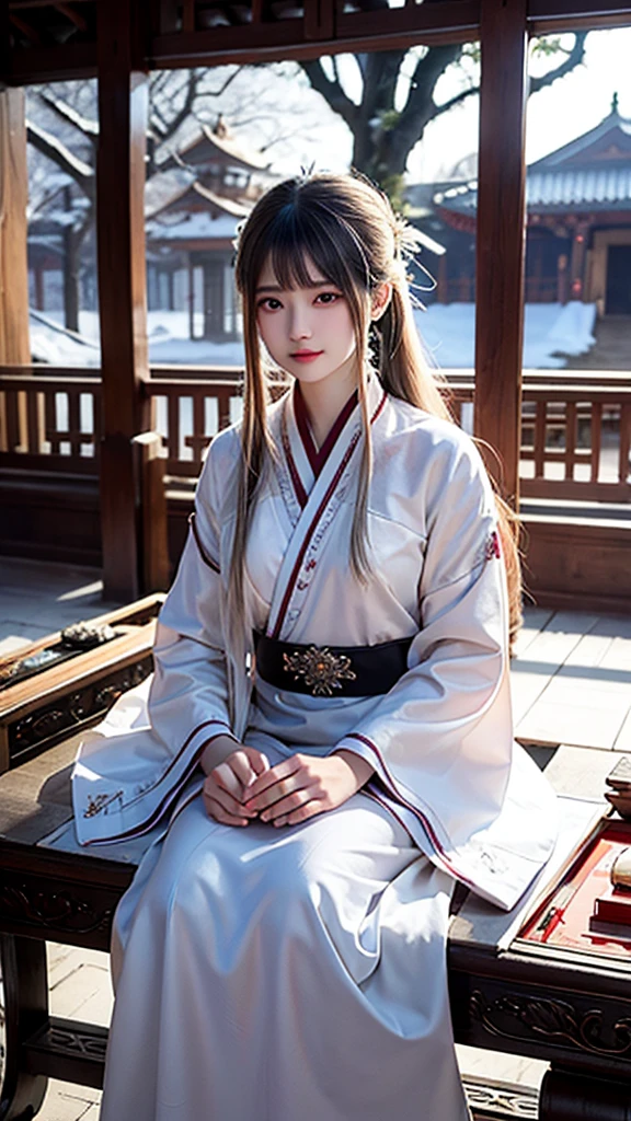 ((高quality,quality,quality,The ultimate detail masterpiece, eye for detail)),20 year old oriental beauty,White long hair shawl,Moving eyes,Wearer white long sleeves,Ice and Snow Garden,in the pavilion,A seated person plays the ice crystal guzheng