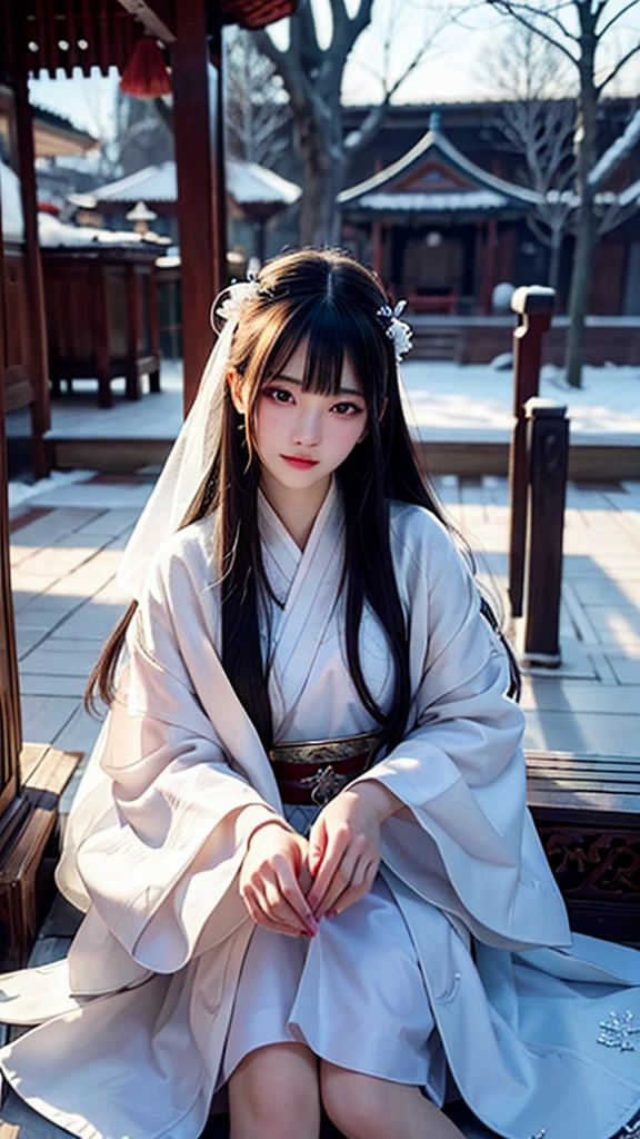 ((高quality,quality,quality,The ultimate detail masterpiece, eye for detail)),20 year old oriental beauty,White long hair shawl,Moving eyes,Wearer white long sleeves,Ice and Snow Garden,in the pavilion,A seated person plays the ice crystal guzheng