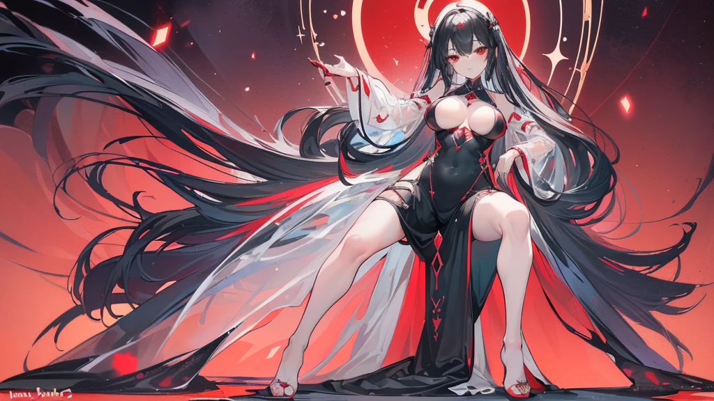 (Exquisite eyes),(Clear and beautiful eyes:1.61),masterpiece, ung girl,(Black clothes and some red gems), Black long hair, (She has a huge red gem on her chest), Good Hand,((The Havoc of StarCraft)),full-body shot,Fighting Stance,(Red Eyes:1.466),short and small,(Very big breasts:1.35),(Pretty Face),(full-body shot:1.33),Beautiful hands