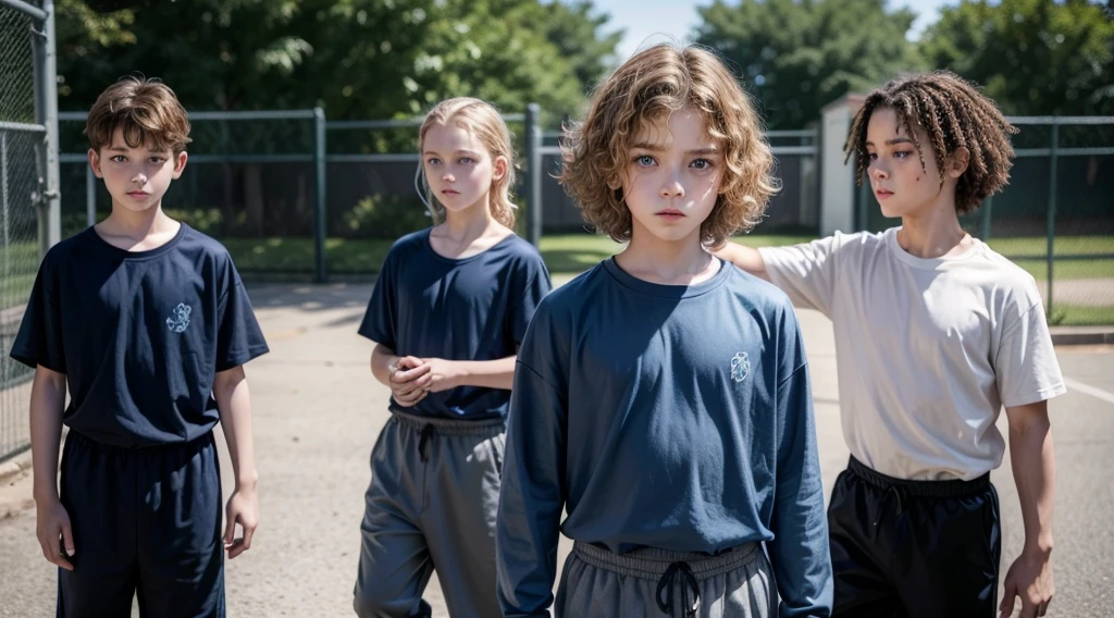 Photorealistic representation of a 10-year-old boy with curly blond hair, bangs covering his forehead and large, expressive blue eyes. The boy is partially dressed in a navy blue , consisting of a long-sleeved shirt and matching pants. He is dancing hip hop in the school yard. The hopeful and melancholy atmosphere. Depicting the mid-90s, meticulously capturing the other kids watching in the background.