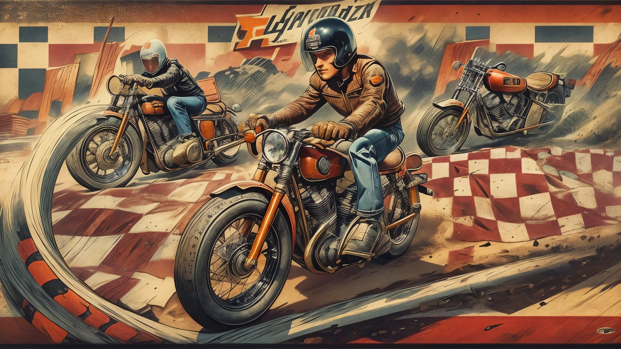 1940's era motorcycle racing, leather motorcycle helmets, checkered flag, dirt track, (early Harley Davidson motorcycles, bobber motorcycles, detailed motorcycle, detailed motor, detailed tires, proportional motorcycle frames), detailed faces, detailed riders, poster style picture, frank frazzeta style,