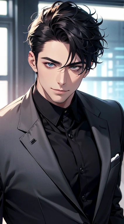 (best quality,4k,8k,highres,masterpiece:1.2),ultra-detailed,(realistic,photorealistic,photo-realistic:1.37),1 man,31 years old,mature man,very handsome,without expression,smile,short grey black hair,blue eyes,penetrating gaze,perfect face without errors,imposing posture,businessman,office background,cinematic lighting,hdr image