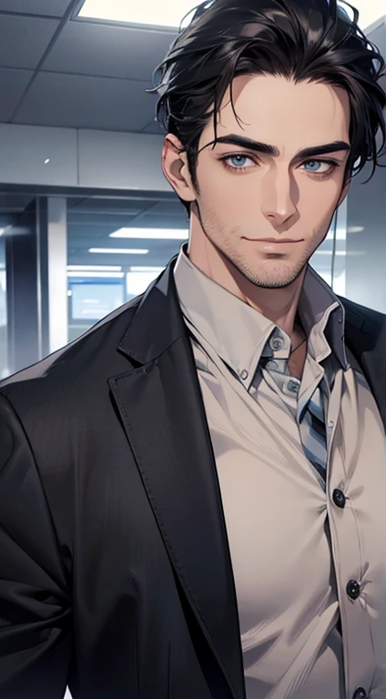 (best quality,4k,8k,highres,masterpiece:1.2),ultra-detailed,(realistic,photorealistic,photo-realistic:1.37),1 man,31 years old,mature man,very handsome,without expression,smile,short grey black hair,blue eyes,penetrating gaze,perfect face without errors,imposing posture,businessman,office background,cinematic lighting,hdr image