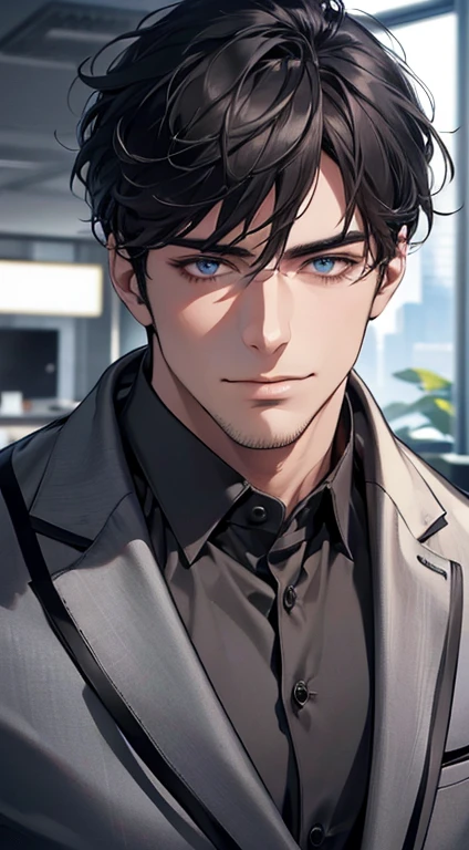 (best quality,4k,8k,highres,masterpiece:1.2),ultra-detailed,(realistic,photorealistic,photo-realistic:1.37),1 man,31 years old,mature man,very handsome,without expression,smile,short grey black hair,blue eyes,penetrating gaze,perfect face without errors,imposing posture,businessman,office background,cinematic lighting,hdr image