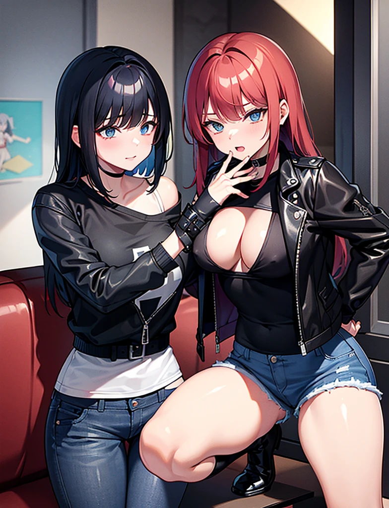 Two young girls, a young red-haired girl with blue eyes wearing a black leather jacket and a short white shirt with short blue denim shorts, and the second young girl with black hair, blue eyes, black leather jacket and black shirt with short blue denim shorts., taking off the clothes, masturbating, touching, hot sexy, moaning, las dos chicas jovencitas moaning