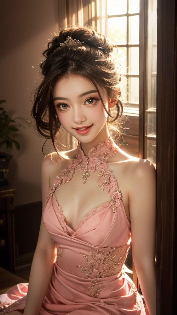 8K, UHD, MAsterpiece, best quality, 1 girl, (realistic face), very long hair, small breasts, decorated dress, very beautiful ornaments dress, pink color, lace, mesh dress, sardine, loops, ipllers, depth of field, light from the front, Light shines into the face, knee short, Face (Excitement, Surprise, Awe)