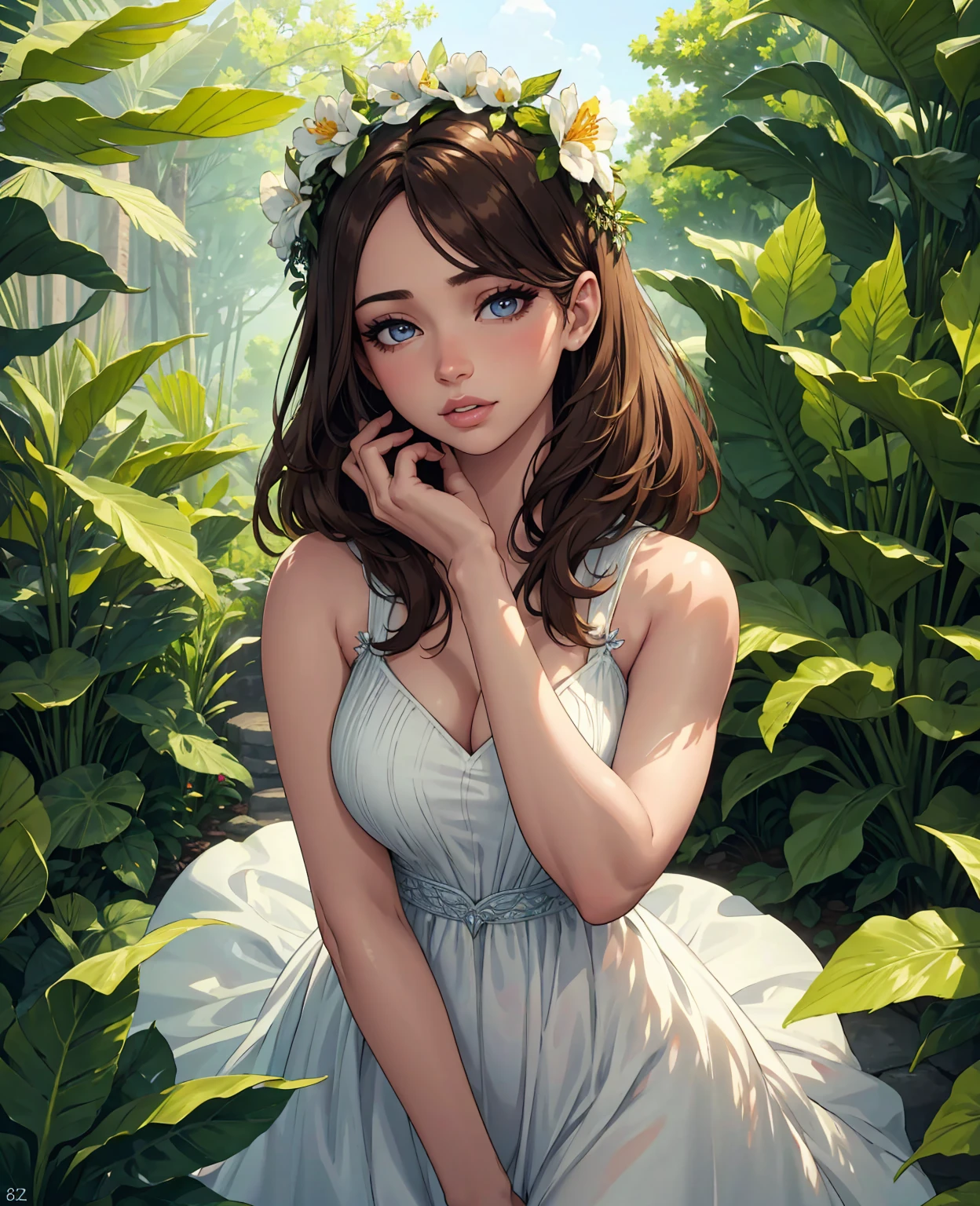 1 girl, detailed face, beautiful eyes, full lips, long eyelashes, fair skin, long brown hair, intricate flower crown, flowing white dress, serene expression, tropical garden, lush greenery, vibrant colors, sunlight filtering through leaves, (best quality,4k,8k,highres,masterpiece:1.2),ultra-detailed,(realistic,photorealistic,photo-realistic:1.37),cinematic lighting,portrait