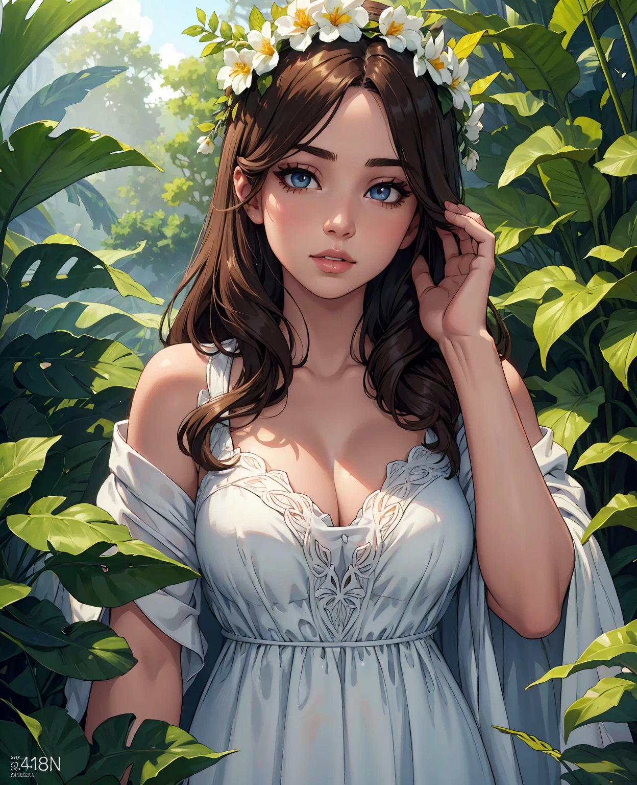 1 girl, detailed face, beautiful eyes, full lips, long eyelashes, fair skin, long brown hair, intricate flower crown, flowing white dress, serene expression, tropical garden, lush greenery, vibrant colors, sunlight filtering through leaves, (best quality,4k,8k,highres,masterpiece:1.2),ultra-detailed,(realistic,photorealistic,photo-realistic:1.37),cinematic lighting,portrait