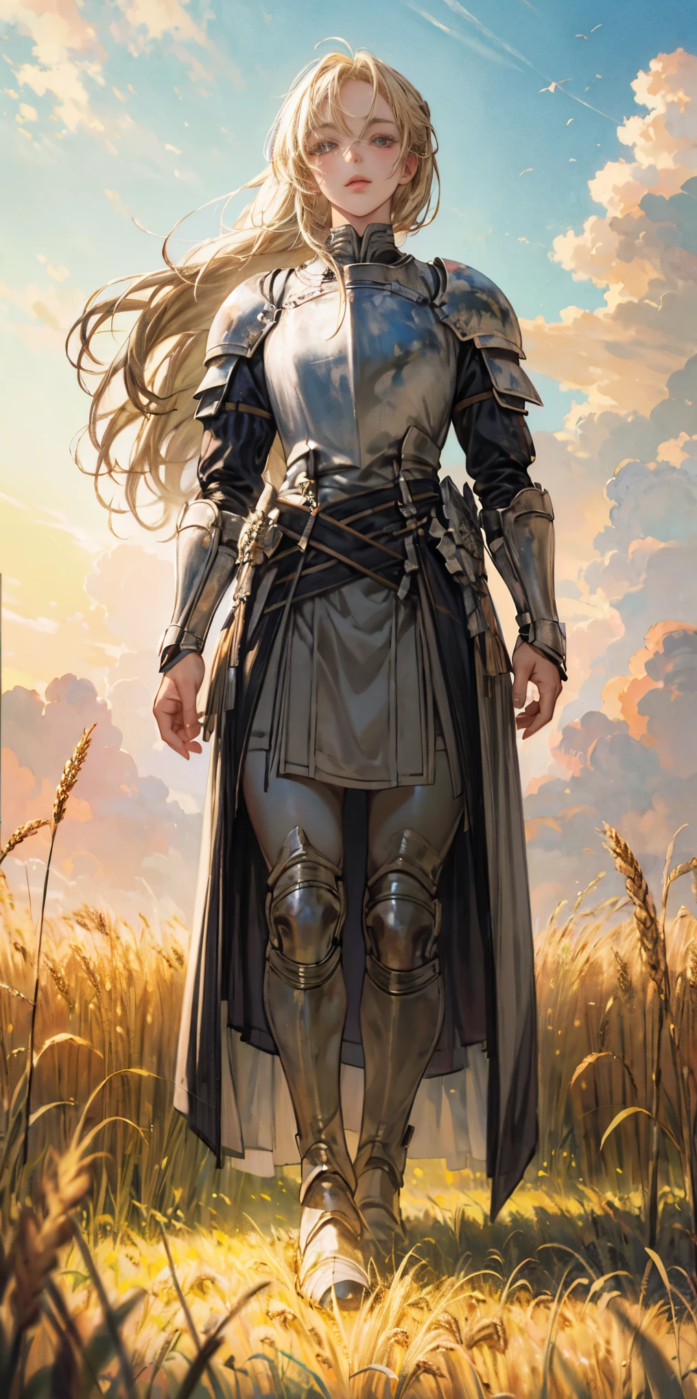 stunning painting of a knight with blonde hair, wheat field, epic clouds ((painterly)) ((impressionist)) vibrant, soft edges (((warm glow))) full body whole body view from below 1sologirl, feet together