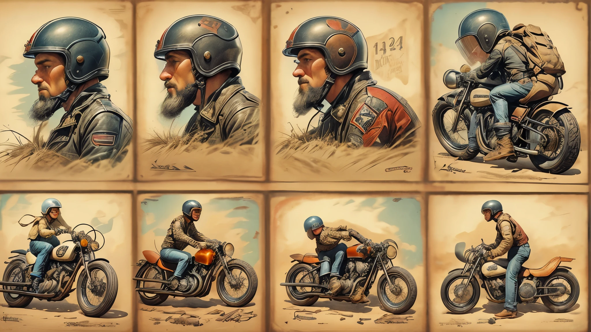 1940's era motorcycle racing, leather motorcycle helmets, checkered flag, dirt track, (early Harley Davidson motorcycles, bobber motorcycles, detailed motorcycle, detailed motor, detailed tires, proportional motorcycle frames), detailed faces, detailed riders, poster style picture, frank frazzeta style, 