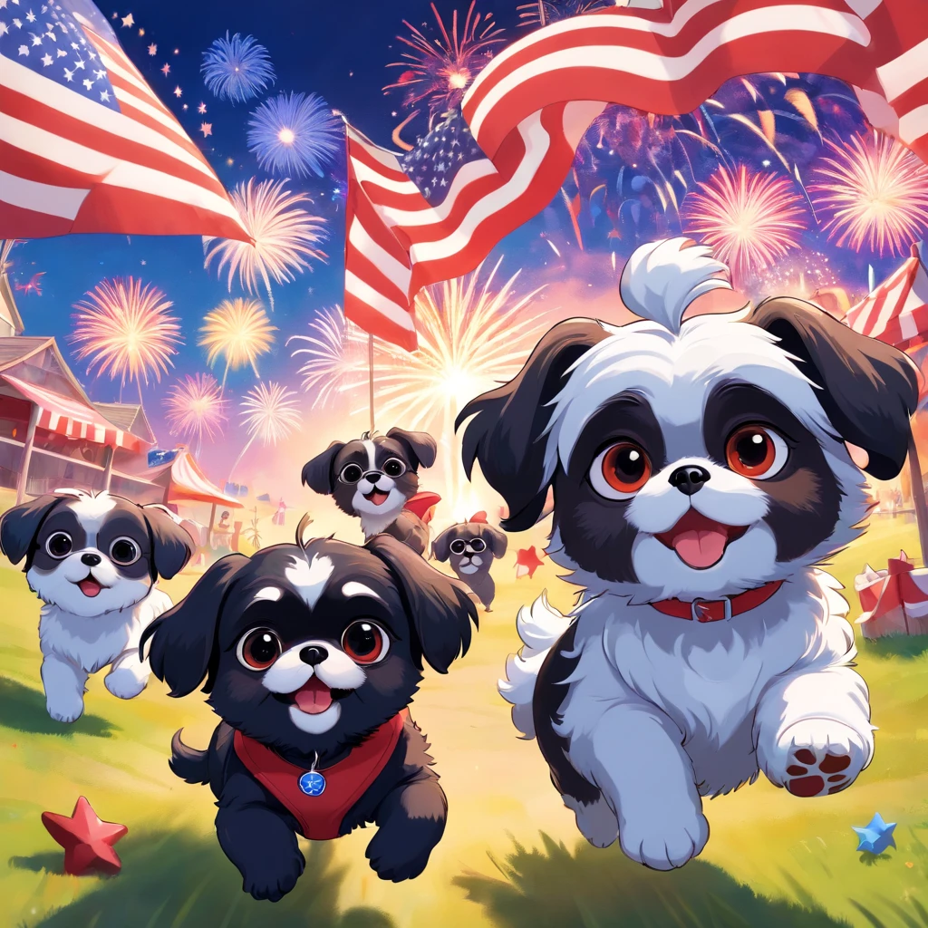 2 Adorable small happy black Shih Tzu puppies chasing paws out wearing sunglasses fourth of July picnic fireworks red white and blue background Pixar 3D cartoon