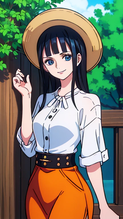 Nico robin, 1girl, solo, looking at viewer, cowboy shot, smiling, black hair, open hair, blue cerulean eyes, one piece nico robin, side bangs, out doors background, golden, cowboy clothes, cowboy style, cowboy costume,