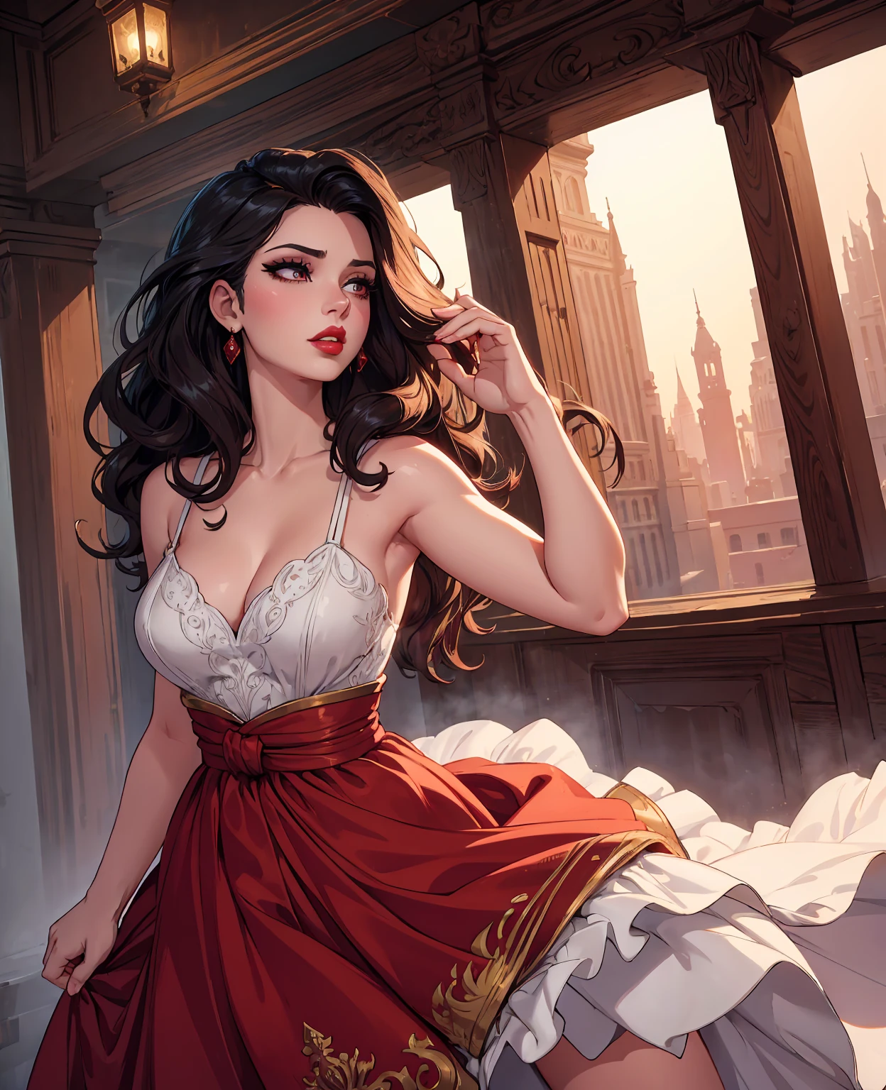 a beautiful, elegant , detailed face, beautiful eyes, full lips, long eyelashes, gorgeous wavy hair, red lips, flowing dress, graceful pose, cinematic lighting, dramatic shadows, highly detailed, photorealistic, 8k, best quality, masterpiece