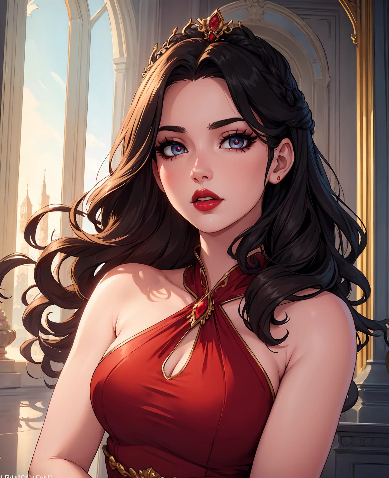 a beautiful, elegant , detailed face, beautiful eyes, full lips, long eyelashes, gorgeous wavy hair, red lips, flowing dress, graceful pose, cinematic lighting, dramatic shadows, highly detailed, photorealistic, 8k, best quality, masterpiece