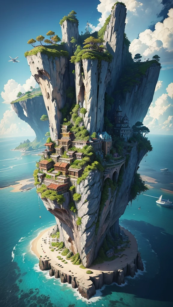 Many islands are suspended in the air with many small aircraft flying around., cities, Fancy, magic plants growing, Extreme details, realistic light, epic composition, (complex details), (complex design, Ultra-details :1.2), art station, (Masterpiece, Best Quality), ultra high definition, 32k --v 6