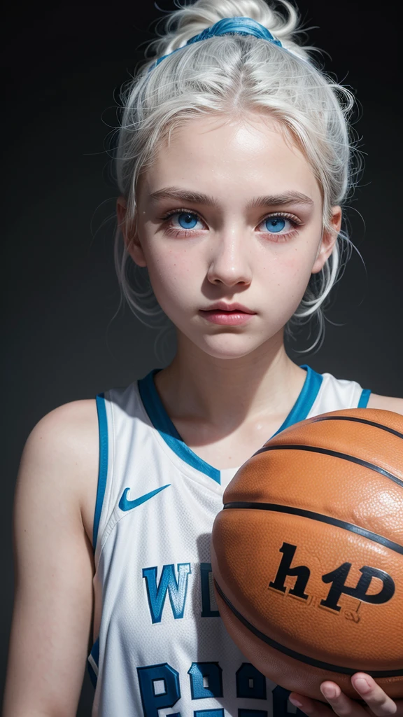 14 year old girl with white hair up, light blue eyes, white skin basketball player photo shoot