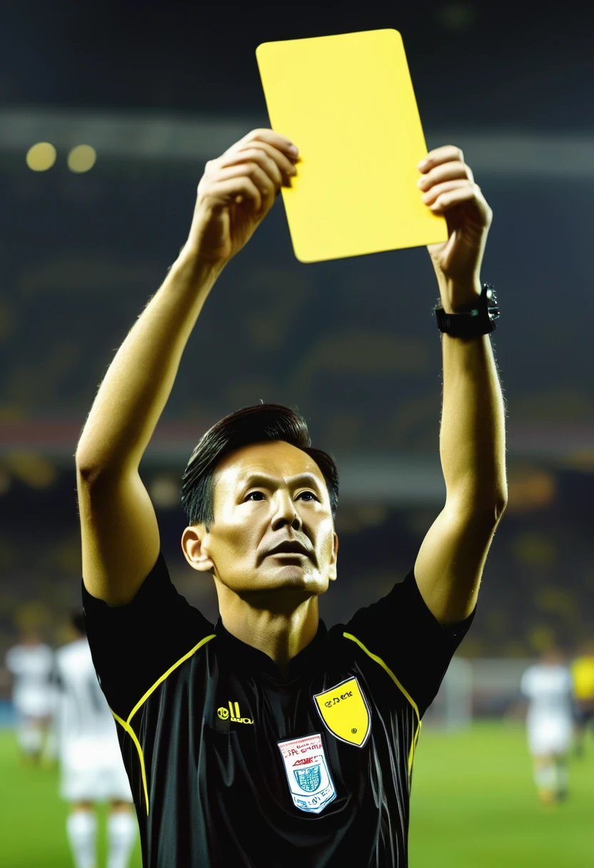 soccer, Referee holding up a yellow card, 8K, masterpiece, Very detailed, Highest quality