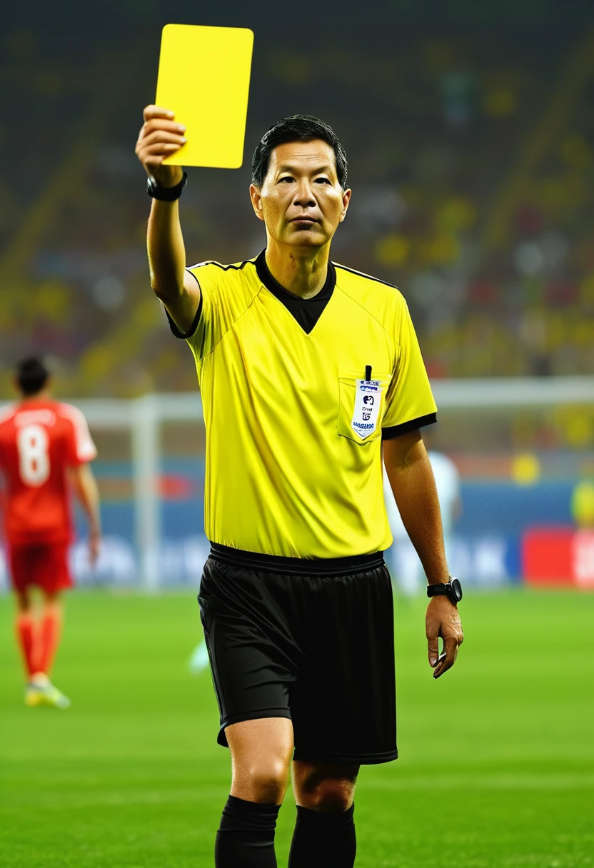 soccer, Referee holding up a yellow card, 8K, masterpiece, Very detailed, Highest quality