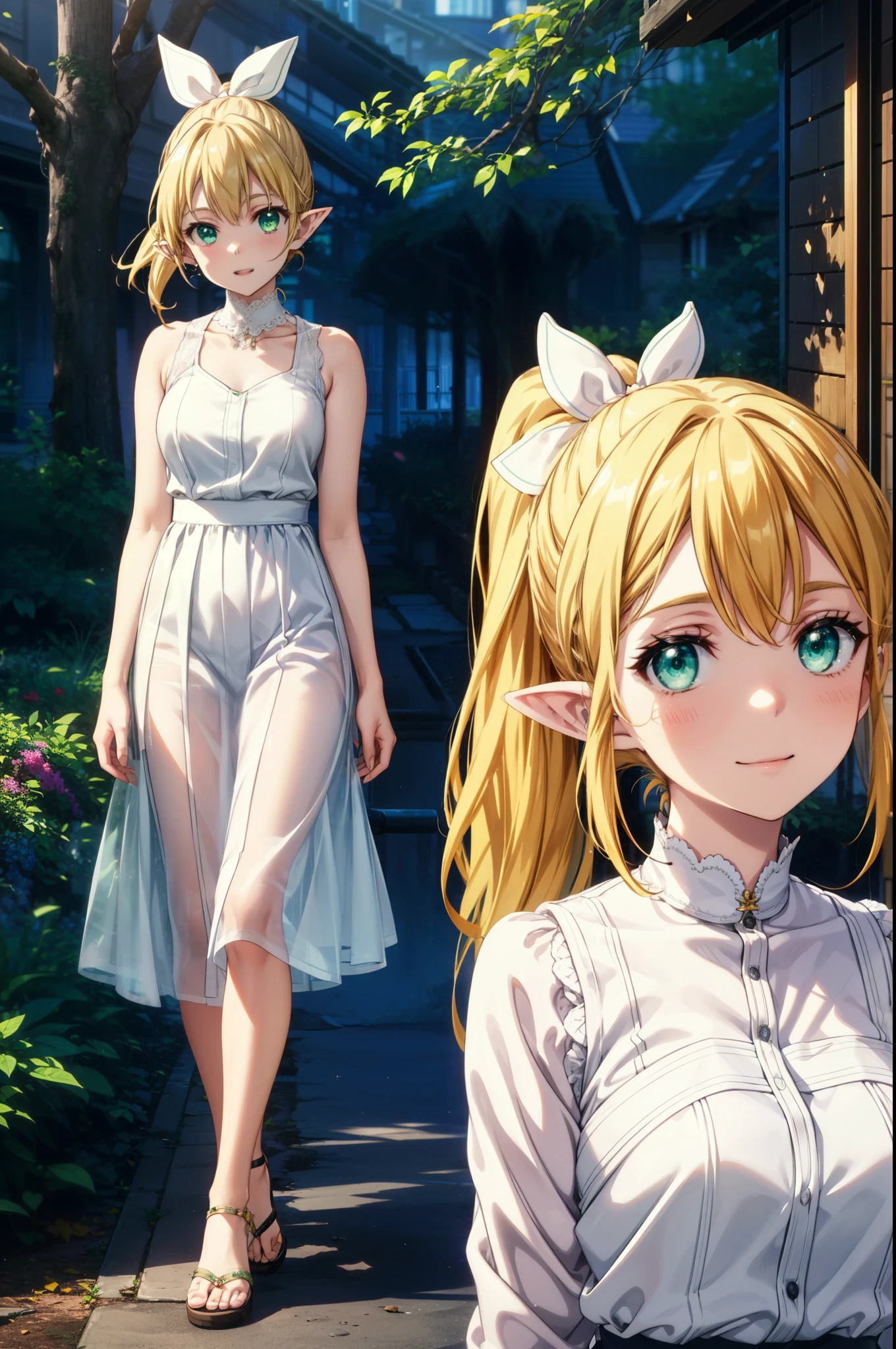 Suguhakirigaya, Suguhakirigaya, Long Hair,Blonde,Green Eyes,Pointy Ears,happy smile, smile, Open your mouth,hair ribbon,ponytail,White sleeveless dress, bare arms,Green long skirt,Cute Sandals,Walking,Clear skies,whole bodyがイラストに入るように,
break outdoors, nature, forest,
break looking at viewer, whole body,
break (masterpiece:1.2), Highest quality, High resolution, unity 8k wallpaper, (shape:0.8), (Beautiful attention to detail:1.6), Highly detailed face, Perfect lighting, Extremely detailed CG, (Perfect hands, Perfect Anatomy),