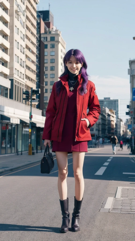 katsuragi misato, Brown eyes, Purple Hair, Cross Necklace, Red jacket, Black Dress, boots, View your viewers, smile, Full Body Shot, Are standing, outside, Building roof, Cityscape, blue sky, high quality, masterpiece 