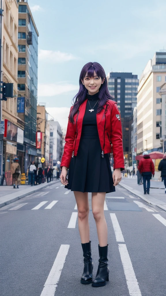 katsuragi misato, Brown eyes, Purple Hair, Cross Necklace, Red jacket, Black Dress, boots, View your viewers, smile, Full Body Shot, Are standing, outside, Building roof, Cityscape, blue sky, high quality, masterpiece 