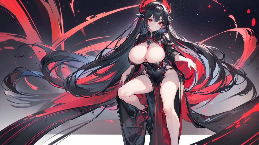 (Exquisite eyes),(Clear and beautiful eyes:1.61),masterpiece, ung girl,(Black clothes and some red gems), Black long hair, (She has a huge red gem on her chest), Good Hand,((The Havoc of StarCraft)),full-body shot,Fighting Stance,(Red Eyes:1.466),short and small,(Very big breasts:1.35),(Pretty Face),(full-body shot:1.33),Beautiful hands