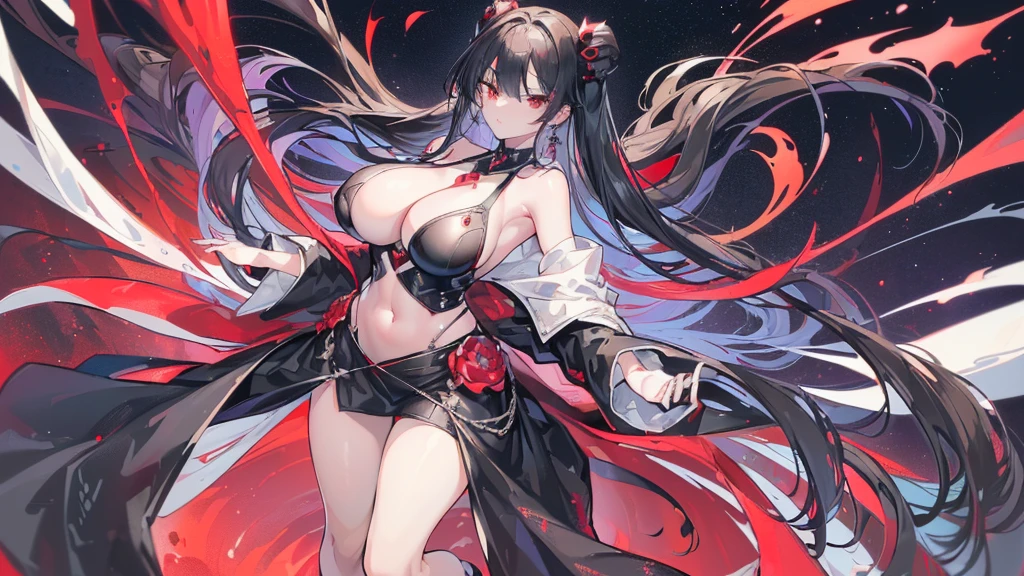 (Exquisite eyes),(Clear and beautiful eyes:1.61),masterpiece, 1 young girl,(Black clothes and some red gems), Black long hair, (She has a huge red gem on her ), Good Hand,((The Havoc of StarCraft)),full-body shot,Fighting Stance,(Red Eyes:1.466)，short and small,(Very :1.35),(Pretty Face),(full-body shot:1.33),Beautiful hands