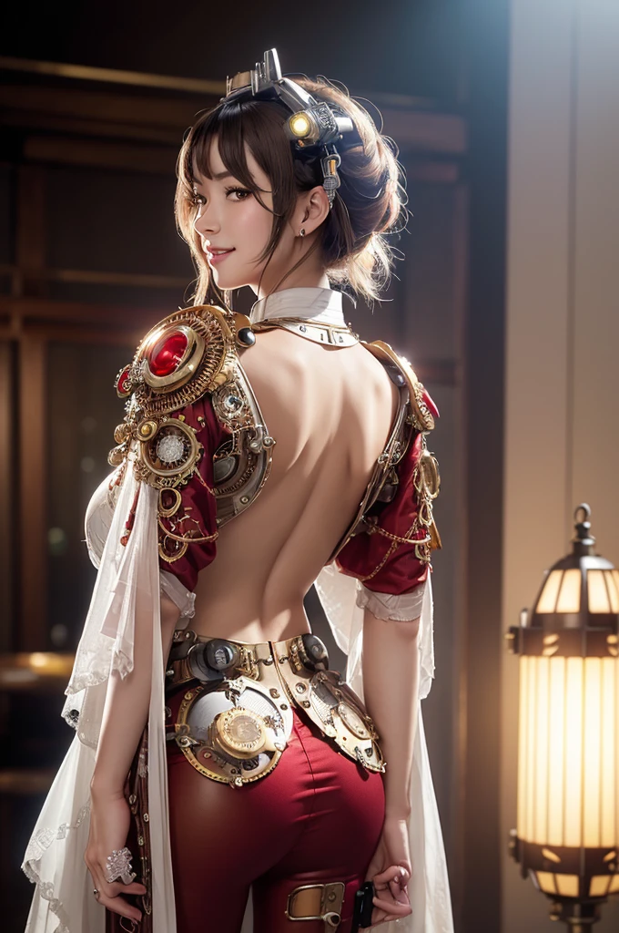Sexual portrait,Highest quality、Rear view、8K,Detailed face, clear, Fine skin、Clear, beautiful eyes、whole body、Curly Hair、My hair was messed up by the wind、The beauty of a smile、(Glamorous Muscle、tall),(Hip_superior, Hip superior), Mature Woman,( Watching the audience),Realistic, High resolution, Soft Light,1 female, alone, Hipアップ, Glowing Skin, (Detailed face), Sexy smile, Perfect Style, Perfect balance,Platinum gold hair,short hair,Naughty look,((Steampunk kimono,gyaru)),(,White, brown, silver, red and dark brown checked kimono, High-tech Mecha,Beautiful steampunk cyborg woman,Burberry Check Steampunk Mecha Cyborg Girl,Light red steampunk light red and white kimono,white dress shirt、Gemstone Helmet,Steampunk bodystocking、gloves,Lavish decoration、Long skirt),((arms behind back)),(bokeh),(studio lighting)