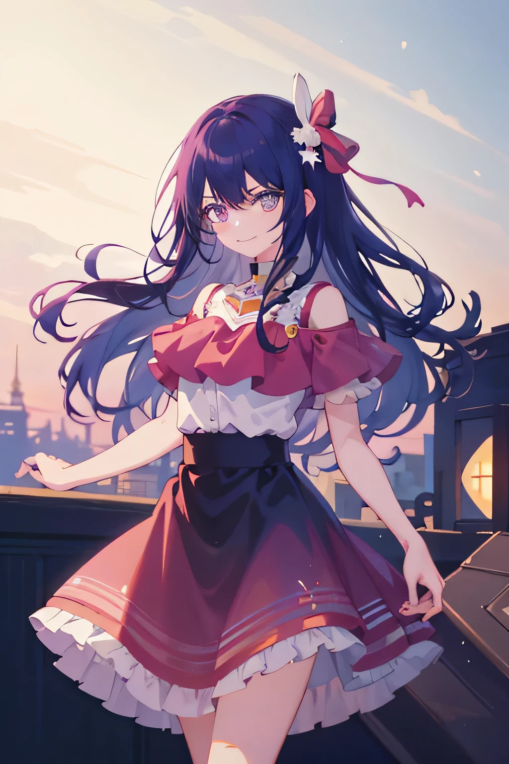 A girl as the protagonist, hoshino ai, beautiful girl, Liquid Hair, Summer lightness, Exposed shoulders, lure, smile, fashion, Girly style, young Anime Girls, Anime Girls, Perfect Purple Girl, seductive Anime Girls, cute Anime Girls, pretty girl, Pink high-waisted skirt, Pink Skirt, delicate accessories, Surreal Girl, Anime Girls, Real Girl, (Lazy Girl, Looking at the audience, faint smile: 1.3), hair accessory, (Stars in my eyes), front, Fantasy, Mid-end and long-end, (colorful) (Highest quality: 1.2), Master Works, (High accuracy: 1.1), 8K resolution, (detailed), delicate, White Background, Noise Reduction, Complex details, ultra-detailed, very detailed, Complex, The finer details, CG, Fresh, Official Art